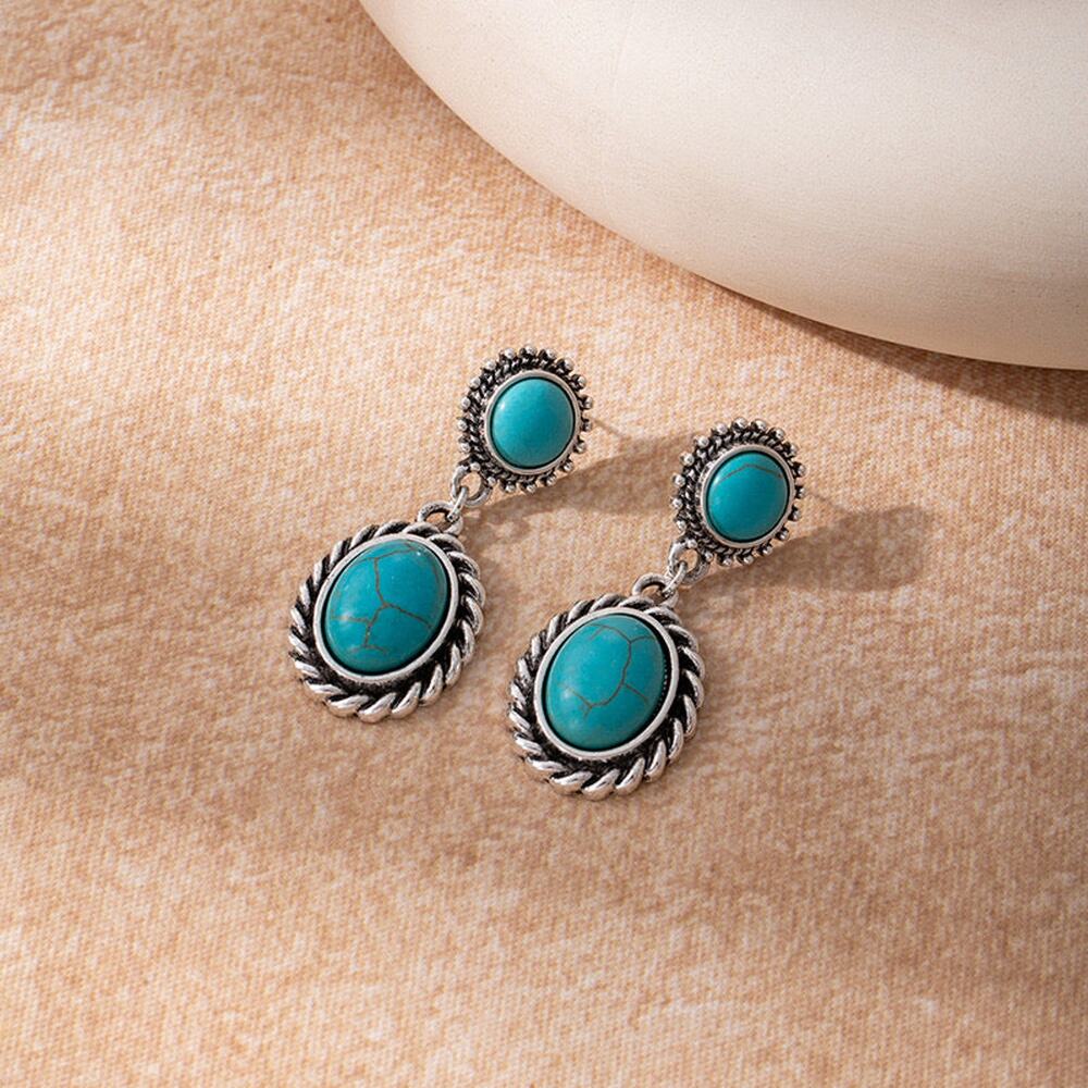Pierced 2 1/4" silver rope edge dangle oval turquoise stone earrings